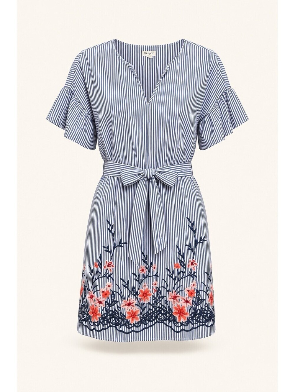 Westport Blue White Striped Floral Embroidered Ruffle Sleeve Dress Womens Sz 4